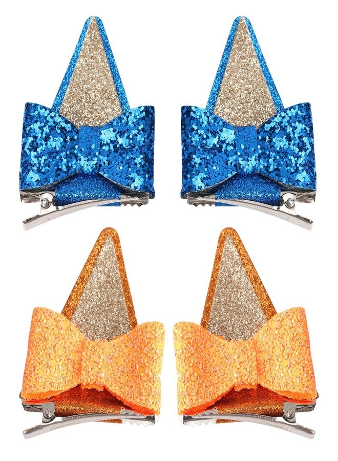 GUGUMO 4 Pcs Blue Ears Hair Clips, Glitter Hair Barrettes with Bows, Hair Pin Accessories for Girls Halloween Birthday Decorations Theme Party Supplies Cosplay (Blue & Orange) - Image 1
